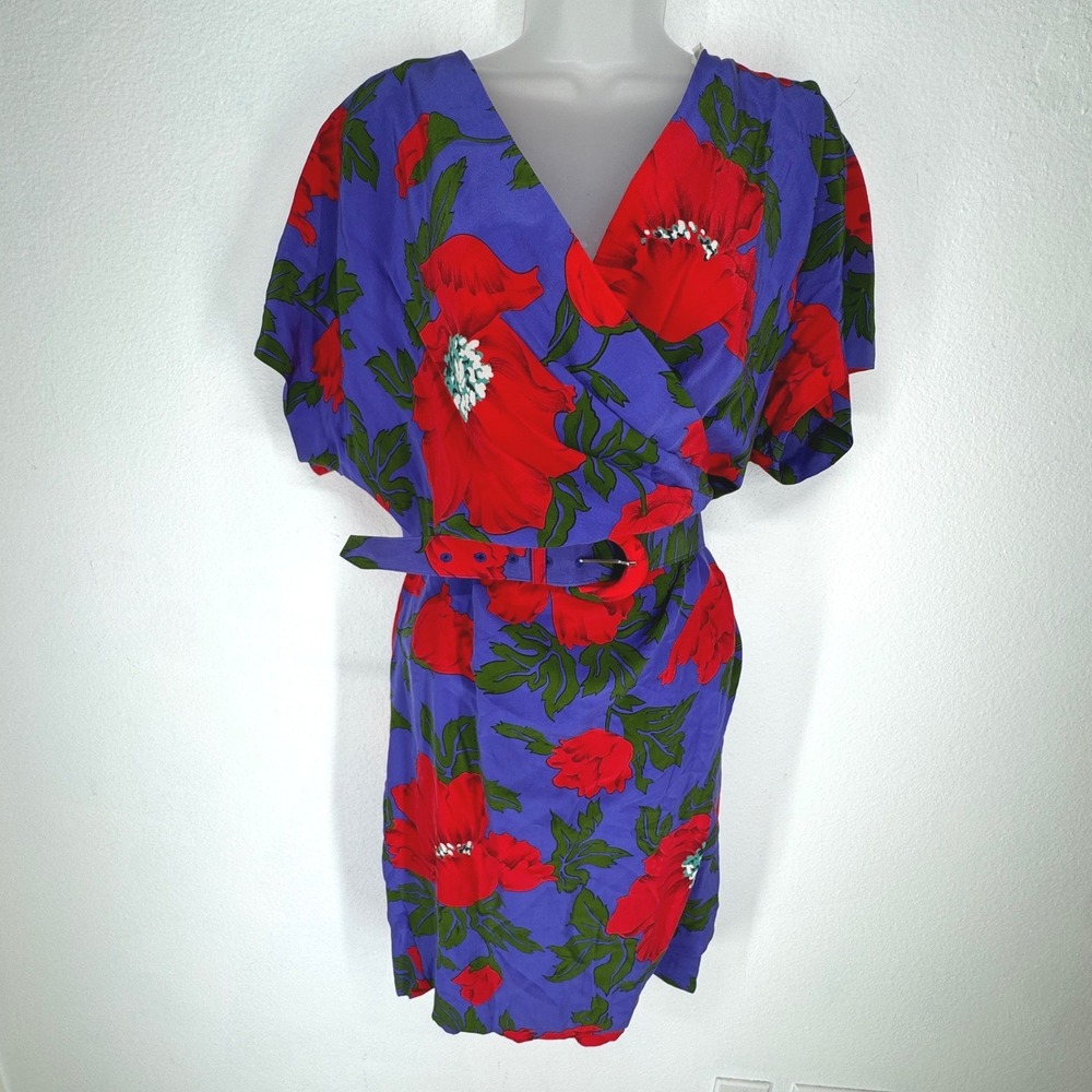 Vintage Silk Floral Poppy Wrap Dress Purple Petite 12 Resortwear Garden Party